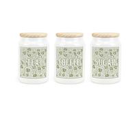 Purely Home Green Oak Leaves & Berries Tea, Coffee & Sugar Canister Set - Ceramic Kitchen Storage Containers with Wooden Lid 600ml (14.5cm x 9.5cm)