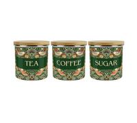 Purely Home Green Strawberry Thief Tea, Coffee & Sugar Storage Canisters Set Of 3 - Morris Inspired Floral Tapestry - 1.2L Enamel Containers