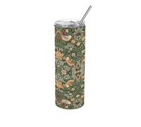 Purely Home Green Strawberry Thief Travel Flask - William Morris Artwork Gifts - Reusable Stainless Steel Hot/Cold Drinks Cup with Straw 600ml