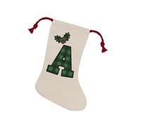 Purely Home Green Tartan Alphabet Letter A Stocking - Novelty Initial Xmas Gift Linen-Style With Red Drawstring Ties