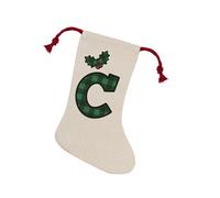 Purely Home Green Tartan Alphabet Letter C Stocking - Novelty Initial Xmas Gift Linen-Style With Red Drawstring Ties