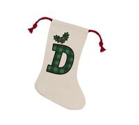 Purely Home Green Tartan Alphabet Letter D Stocking - Novelty Initial Xmas Gift Linen-Style With Red Drawstring Ties