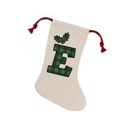 Purely Home Green Tartan Alphabet Letter E Stocking - Novelty Initial Xmas Gift Linen-Style With Red Drawstring Ties