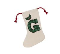 Purely Home Green Tartan Alphabet Letter G Stocking - Novelty Initial Xmas Gift Linen-Style With Red Drawstring Ties