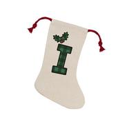 Purely Home Green Tartan Alphabet Letter I Stocking - Novelty Initial Xmas Gift Linen-Style With Red Drawstring Ties