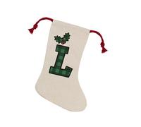 Purely Home Green Tartan Alphabet Letter L Stocking - Novelty Initial Xmas Gift Linen-Style With Red Drawstring Ties