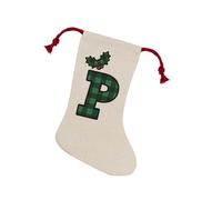Purely Home Green Tartan Alphabet Letter P Stocking - Novelty Initial Xmas Gift Linen-Style With Red Drawstring Ties