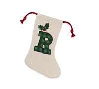 Purely Home Green Tartan Alphabet Letter R Stocking - Novelty Initial Xmas Gift Linen-Style With Red Drawstring Ties
