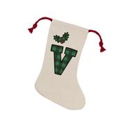 Purely Home Green Tartan Alphabet Letter V Stocking - Novelty Initial Xmas Gift Linen-Style With Red Drawstring Ties