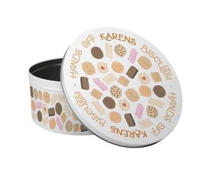 Purely Home Hands Off Personalised Novelty Cake Tin - British Biscuits Food Themed Gifts - Large Round Metal Kitchen Storage Container 23 x 10cm