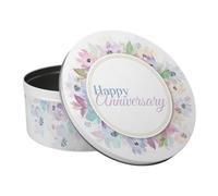 Purely Home Happy Anniversary Cake Tin - Elegant Floral Baking Gifts For Couples Anniversary - Large Round Metal Kitchen Storage Container