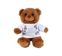 Purely Home Happy Birthday Balloons Teddy Bear - Small Plush Toy Gifts for Children - Dark Brown Stuffed Animal with Printed T-Shirt