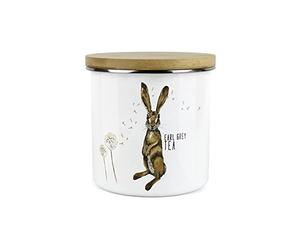 Purely Home Hares and Dandelions Earl Grey Tea Storage Canister by Rhiannon Chauncey - White Metal Enamel Kitchen Food Storage Container