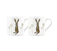 Purely Home Hares and Dandelions Mug Set - Nature Animals Floral Design by Rhiannon Chauncey - Bone China Tea/Coffee Cups Set of 2