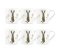 Purely Home Hares and Dandelions Mug Set - Nature Animals Floral Design by Rhiannon Chauncey - Bone China Tea/Coffee Cups Set of 6