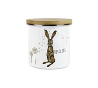 Purely Home Hares And Dandelions Small Biscuits Storage Canister - Countryside Kitchen Decor - 1.2L White Metal Enamel Food Storage Container
