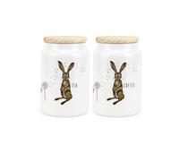 Purely Home Hares & Dandelions Ceramic Tea & Coffee Storage Canisters - Rhiannon Chauncey Floral Hares Artwork Kitchen Food Storage Containers & Wooden Lid 600ml (14.5cm x 9.5cm) - Set of 2