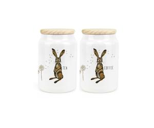 Purely Home Hares & Dandelions Ceramic Tea & Coffee Storage Canisters - Rhiannon Chauncey Floral Hares Artwork Kitchen Food Storage Containers & Wooden Lid 600ml (14.5cm x 9.5cm) - Set of 2