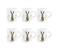 Purely Home Hares & Dandelions Espresso Cups - Wildlife Nature Animal Gift - Small Mini White Ceramic Coffee Shot Mugs Set of 6