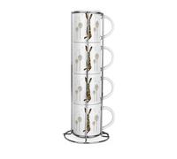 Purely Home Hares & Dandelions Stacking Mugs Set - Wildlife & Nature Present - Set of 4 Ceramic Mugs Gift Set with Metal Stand