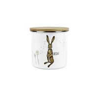 Purely Home Hares Decaf Storage Canister - Hare And Dandelion Animal Floral White Metal Enamel Medium Sized Food Storage Container