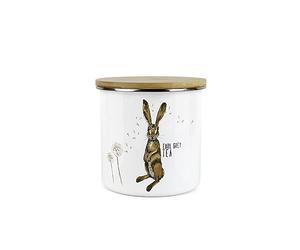 Purely Home Hares Earl Grey Tea Storage Canister - Hare And Dandelion Animal Floral White Metal Enamel Medium Sized Food Storage Container