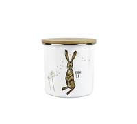 Purely Home Hares Herbal Tea Storage Canister - Hare And Dandelion Animal Floral White Metal Enamel Medium Sized Food Storage Container