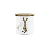 Purely Home Hares Storage Canister - Hare And Dandelion Animal Floral White Metal Enamel Medium Sized Food Storage Container