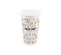 Purely Home Head Chef Ceramic Travel Mug - Cooking Themed Novelty Gifts For Chefs - Reusable Silicone Lid Double-Walled Insulated Drinks Flask