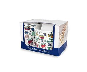 Purely Home Head Gardener Mug & Coaster Gift Set - Wellies & Wheelbarrows Enamel Mug and Cork Coaster Set - Tea/Coffee Present for Gardeners