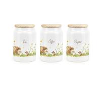 Purely Home Hedgehog & Mouse Ceramic Tea Coffee Sugar Canisters - Woodland Wildlife & Scenery Kitchen Storage Container & Wooden Lid 600Ml