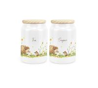 Purely Home Hedgehog & Mouse Ceramic Tea Sugar Storage Canisters - Woodland Wildlife & Scenery Artwork Kitchen Food Storage Container & Wooden Lid 600ml (14.5cm x 9.5cm)