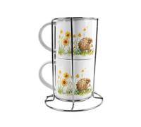 Purely Home Hedgehog & Mouse Stacking Mugs Set Gift - Floral Ceramic Cups Set Of 2 With Metal Stand