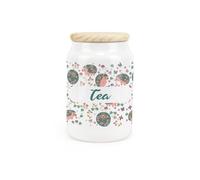 Purely Home Hedgehogs & Flowers Ceramic Tea Storage Canister - Floral Woodland Wildlife Kitchen Storage Container & Wooden Lid 600Ml