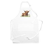 Purely Home Highland Cow Apron - Mum & Calf Baby Kitchen Cooking & Baking Apron with Adjustable Neck and Waist Ties - Large Front Pocket Mens Womens Unisex Gift