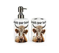 Purely Home Highland Cow Bathroom Accessories - Countryside Farm Animals Refillable Ceramic Soap Pump Bottle Dispenser & Toothbrush Holder