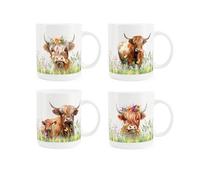 Purely Home Highland Cow Bone China Mugs - Set Of 4