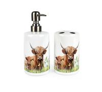 Purely Home Highland Cow & Calf Bathroom Set - Refillable Ceramic Soap Dispenser & Toothbrush Holder