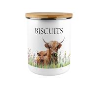 Purely Home Highland Cow & Calf Biscuit Canister - Countryside Farm Animals Large Enamel Kitchen Storage Container Gift