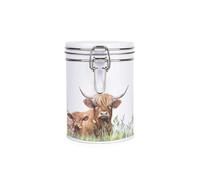 Purely Home Highland Cow & Calf Canister - Farmyard Animals Themed Farmhouse Décor Gifts - White Metal Clip Lid Kitchen Food Storage Jar/Container 700ml (13cm x 9.5cm)