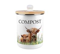 Purely Home Highland Cow & Calf Compost Caddy - Enamel 2L Kitchen Food Waste Bin Gift
