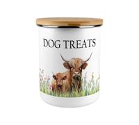 Purely Home Highland Cow & Calf Dog Treats Storage Canister - Countryside Farm Animals Large Enamel Storage Container Gift For Dog Lovers