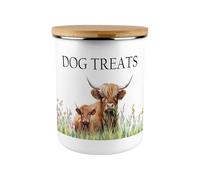 Purely Home Highland Cow & Calf Dog Treats Storage Canister - Countryside Farm Animals Large Enamel Storage Container Gift For Dog Lovers