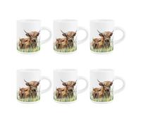 Purely Home Highland Cow & Calf Espresso Cups - Countryside Farm Animals Farmhouse Gifts - Small Mini White Ceramic Coffee Shot Mugs Set of 6