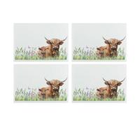 Purely Home Highland Cow & Calf Glass Placemats Set - Countryside Farm Animals Decor Table Mats Gift - Tempered Glass Non-Slip Feet 4Pk