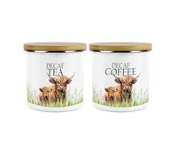 Purely Home Highland Cow & Calf Kitchen Canisters Set - Countryside Farm Metal Enamel Decaf Tea Decaf Coffee Hot Drinks Storage Container Set of 2