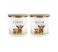 Purely Home Highland Cow & Calf Kitchen Storage Canister Set - Countryside Farm Metal Enamel Coffee Sugar Hot Drinks Food Storage Container Set of 2