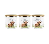 Purely Home Highland Cow & Calf Kitchen Storage Canister Set - Countryside Farm Metal Enamel Decaf Tea Decaf Coffee Hot Chocolate Hot Drinks Storage Container Set of 3