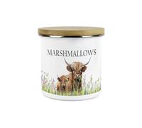 Purely Home Highland Cow & Calf Marshmallow Storage Canister - Countryside Farm 1.2L Large Metal Enamel Kitchen Storage Container