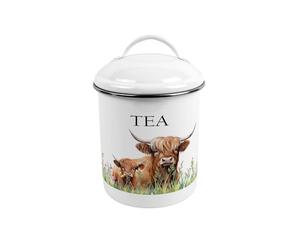 Purely Home Highland Cow & Calf Medium-Sized Metal Tea Canister - Stylish Farmhouse Tin Kitchen Storage Jar - Tea/Coffee/Sugar Caddy Gift With Lid & Handle